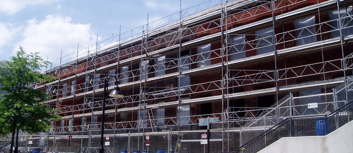 Structural shoring for a building on Richmond's Canal Walk